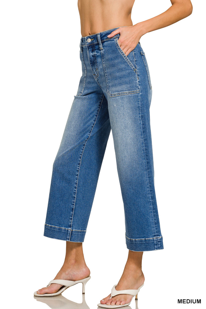 Utility Pocket Cropped Wide Leg Denim Pants MD