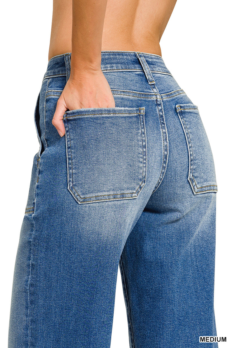 Utility Pocket Cropped Wide Leg Denim Pants MD