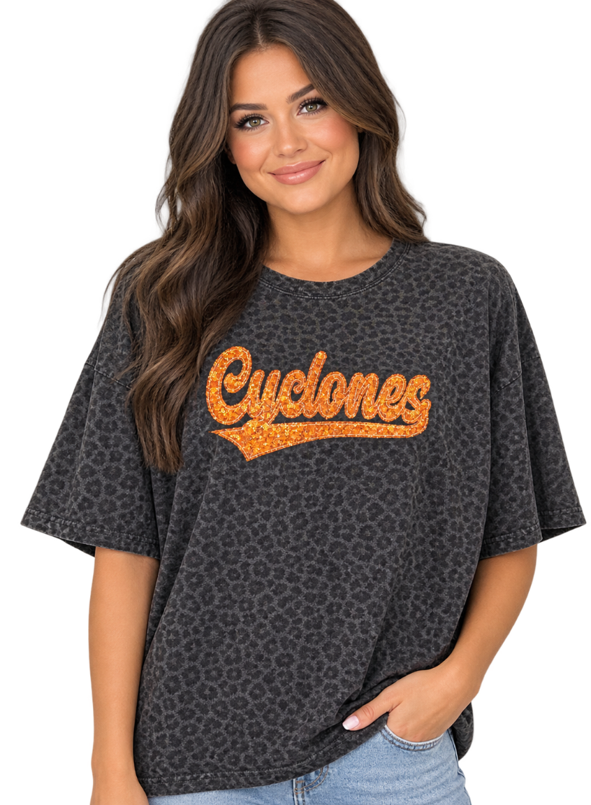Black Leopard Cyclones Sequin Tee