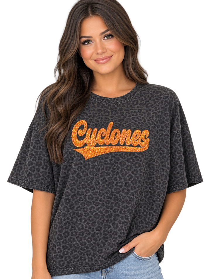 Black Leopard Cyclones Sequin Tee