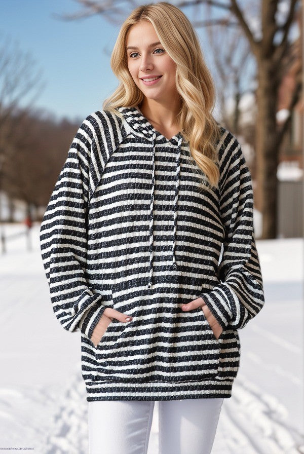 LS Stripe Jacquard Hoodie Black/Cream