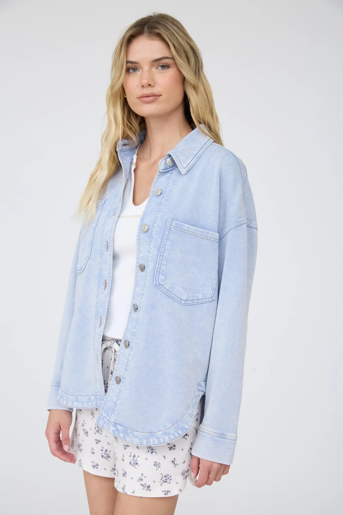 Acid Washed Collared Button Down Knit Shacket in Light Blue