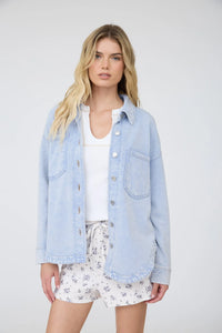 Acid Washed Collared Button Down Knit Shacket in Light Blue