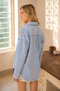 Acid Washed Collared Button Down Knit Shacket in Light Blue