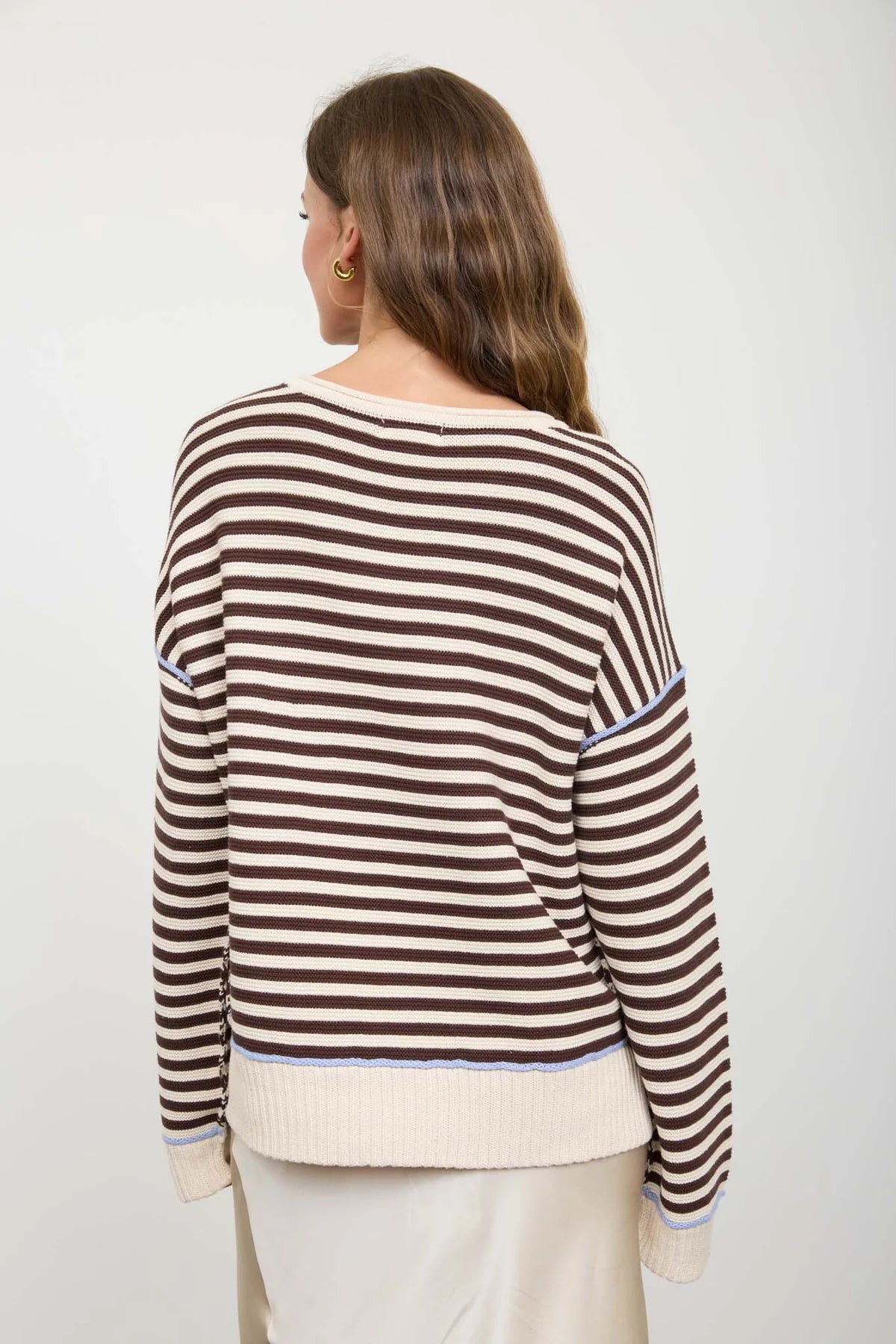 Stripe Contrast Stitch Raw Edge Sweater in Light Khaki