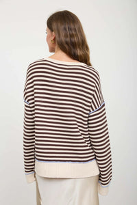 Stripe Contrast Stitch Raw Edge Sweater in Light Khaki