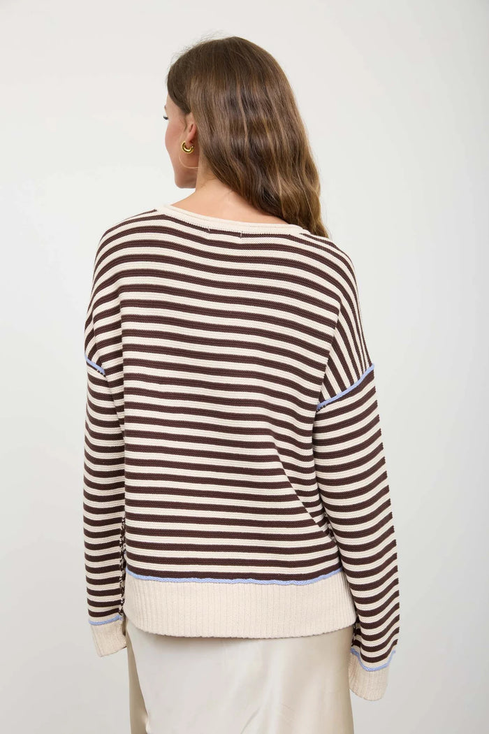 Stripe Contrast Stitch Raw Edge Sweater in Light Khaki