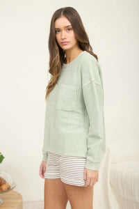 Washed Pocket Detail LS Rib Knit Top- 2 Colors!