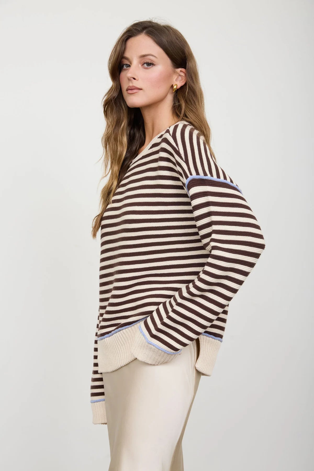 Stripe Contrast Stitch Raw Edge Sweater in Light Khaki