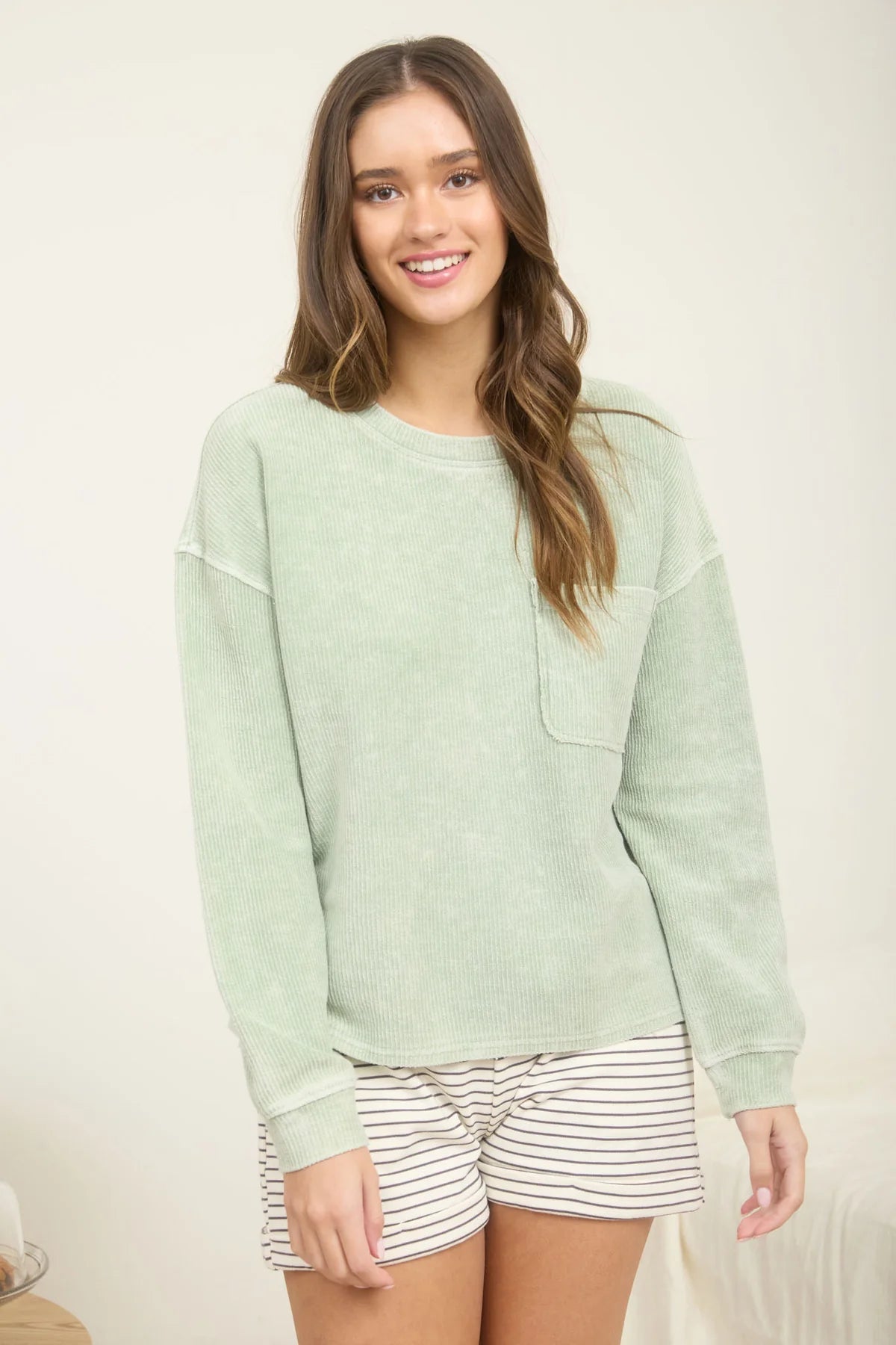 Washed Pocket Detail LS Rib Knit Top- 2 Colors!