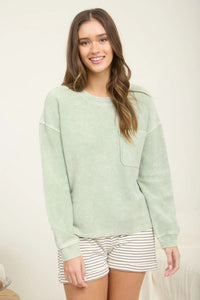 Washed Pocket Detail LS Rib Knit Top- 2 Colors!