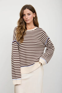Stripe Contrast Stitch Raw Edge Sweater in Light Khaki