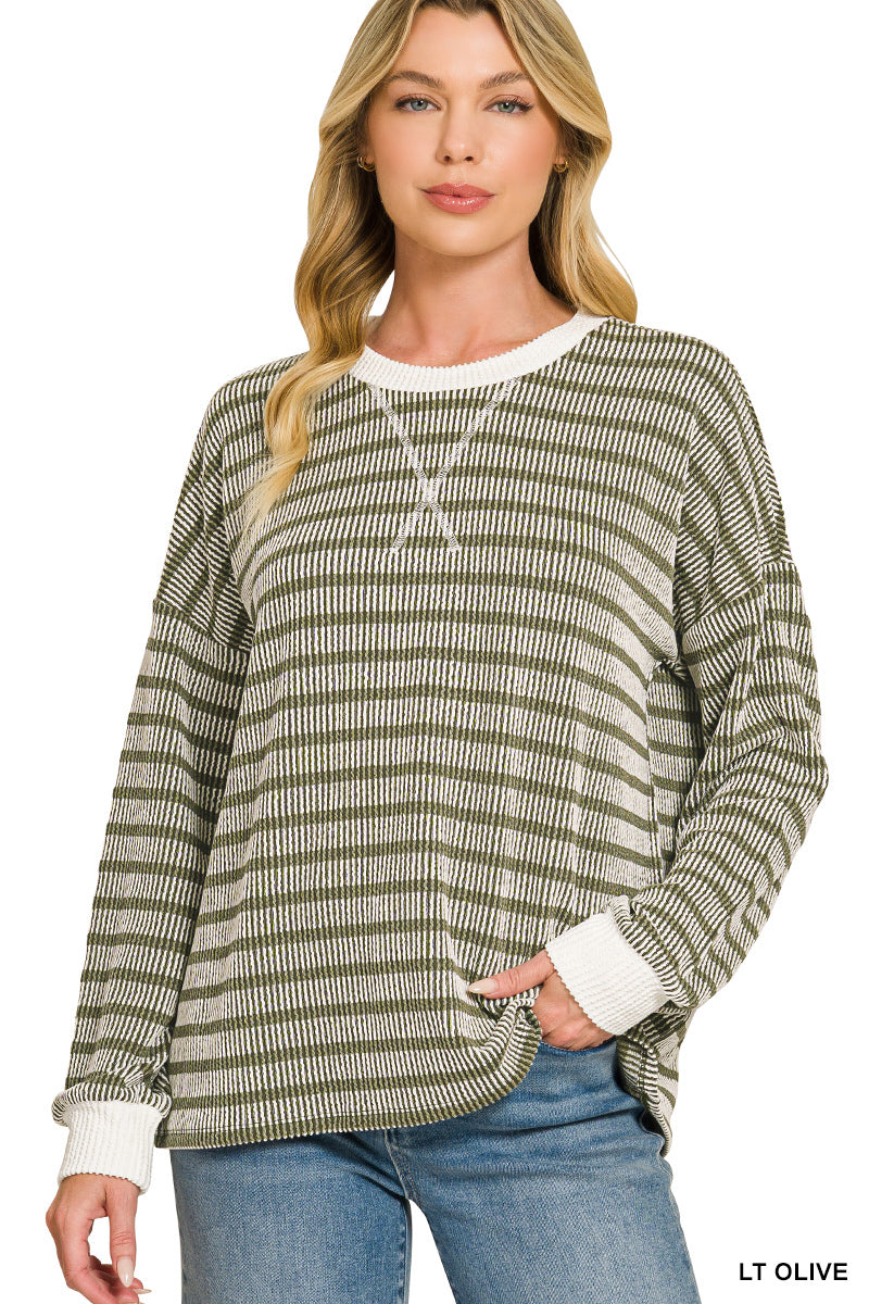 Raised Rib Striped Round Neck Pullover- 4 Colors!