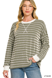 Raised Rib Striped Round Neck Pullover- 4 Colors!