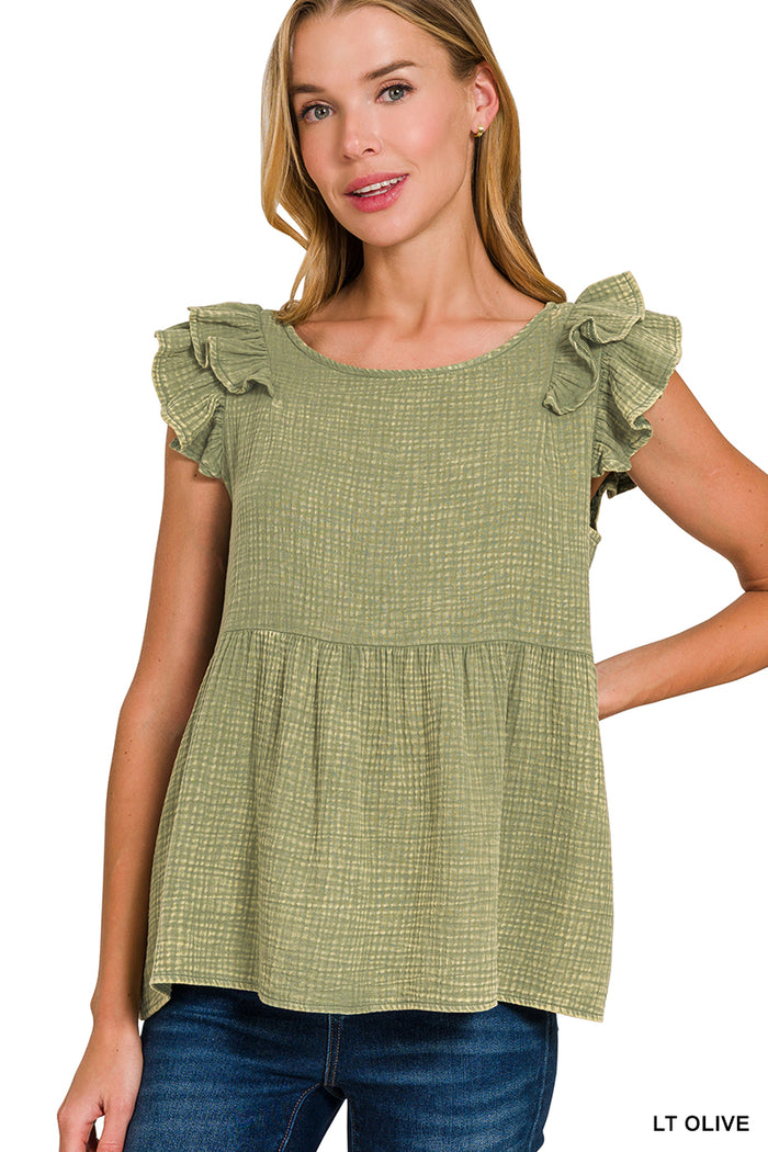 Acid Wash Ruffle Peplum Top - 2 Colors!