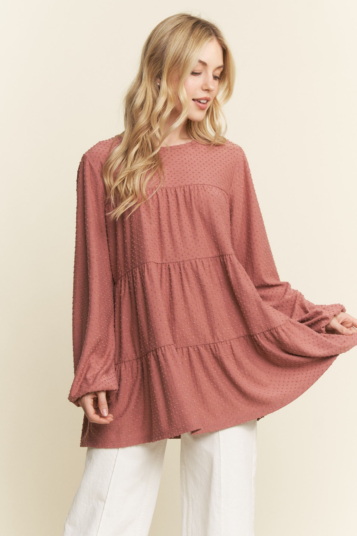 Curvy Swiss Dot Babydoll Top in Mauve