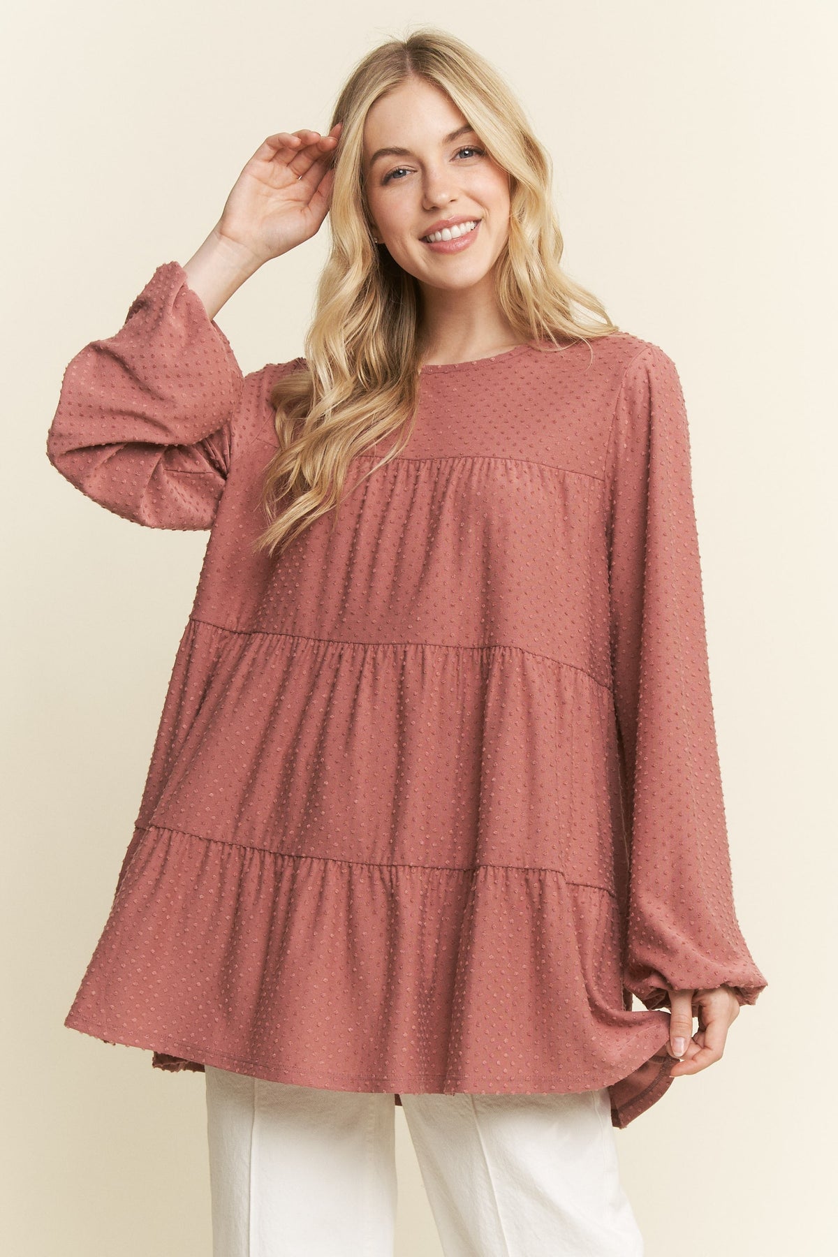 Curvy Swiss Dot Babydoll Top in Mauve