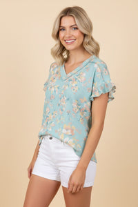 Curvy Ruffle Sleeve Ribbed Top in Mint