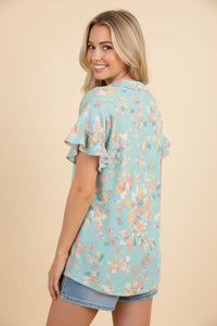Curvy Ruffle Sleeve Ribbed Top in Mint