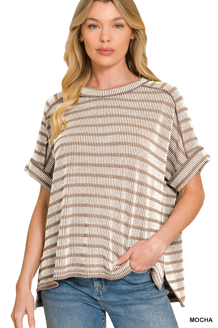 Raised Rib Striped Exposed Seam Top in Mocha