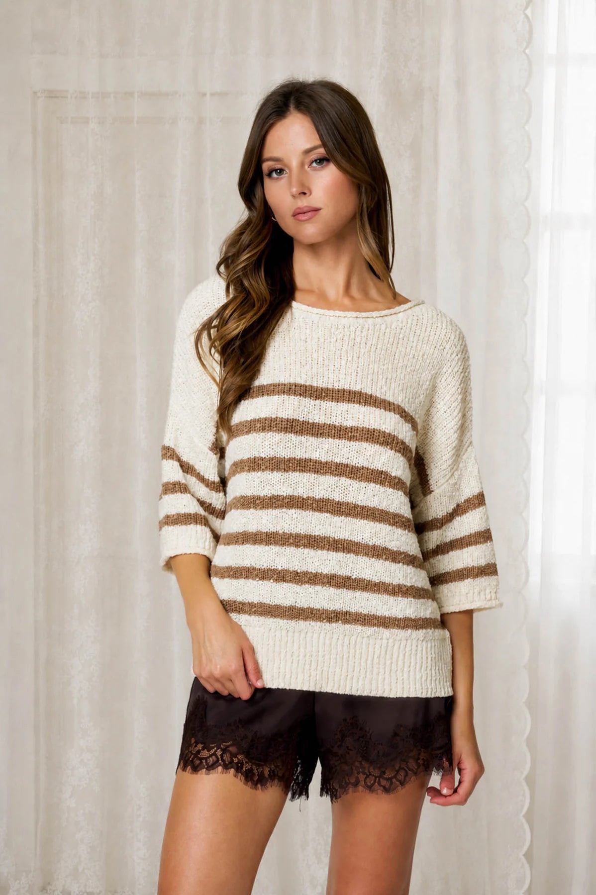 Stripe Textured Knit Half Sleeve Sweater- 2 Colors!