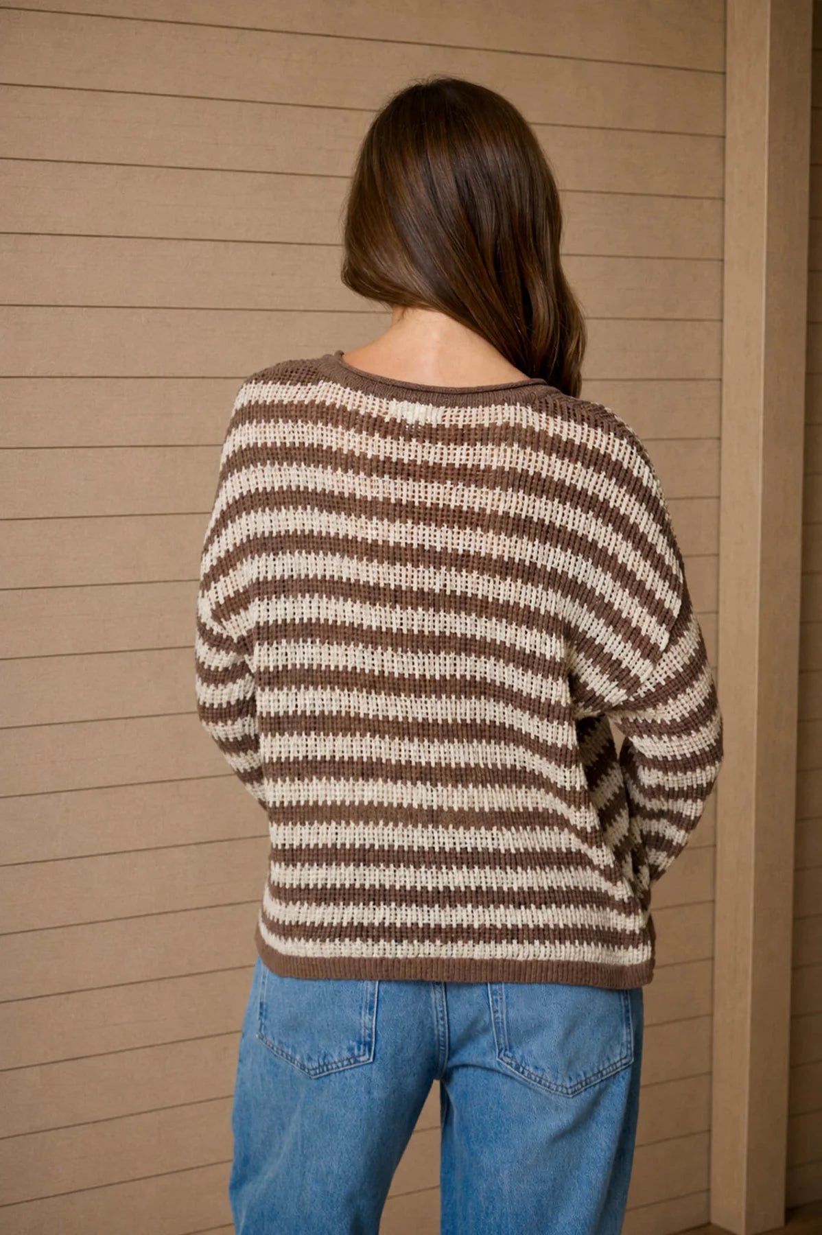 Stripe Raw Edge Split Neck Sheer Knit Sweater- 2 Colors!