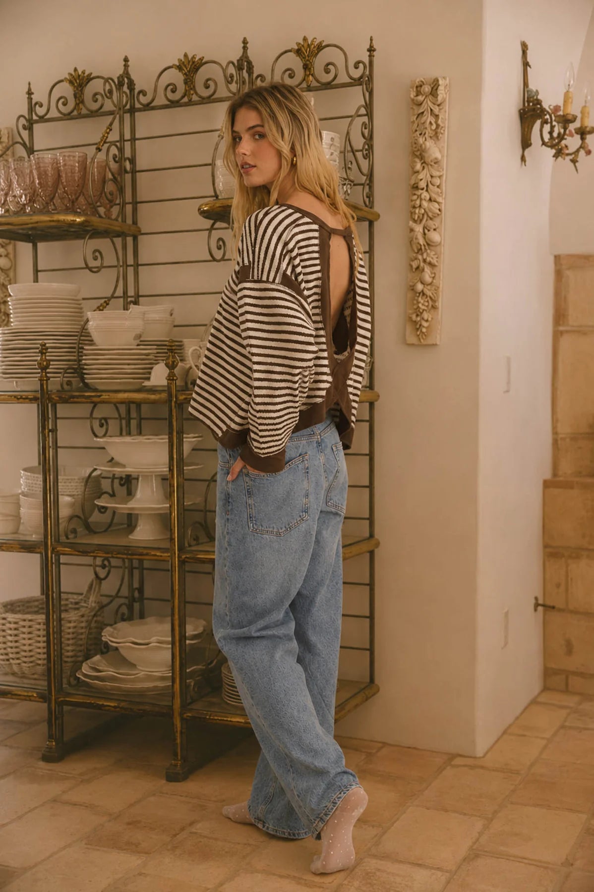 Stripe Contrast Trim Back Cut Out Detail Knit Top in Mocha