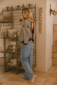 Stripe Contrast Trim Back Cut Out Detail Knit Top in Mocha