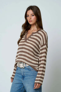 Stripe Raw Edge Split Neck Sheer Knit Sweater- 2 Colors!