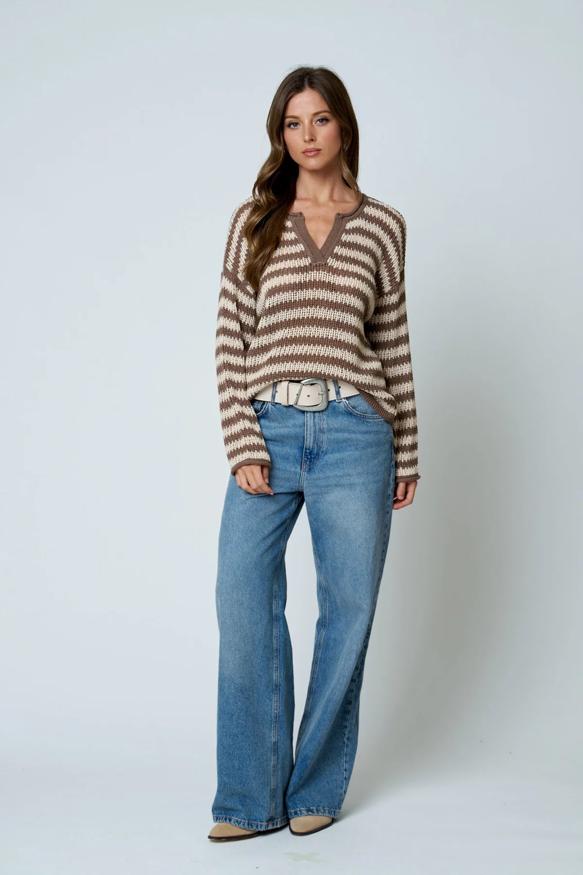Stripe Raw Edge Split Neck Sheer Knit Sweater- 2 Colors!