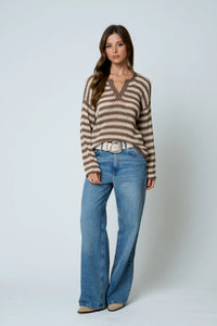 Stripe Raw Edge Split Neck Sheer Knit Sweater- 2 Colors!