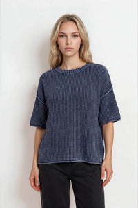 Washed Crew Neck Raw Edge SS Sweater- 2 Colors!