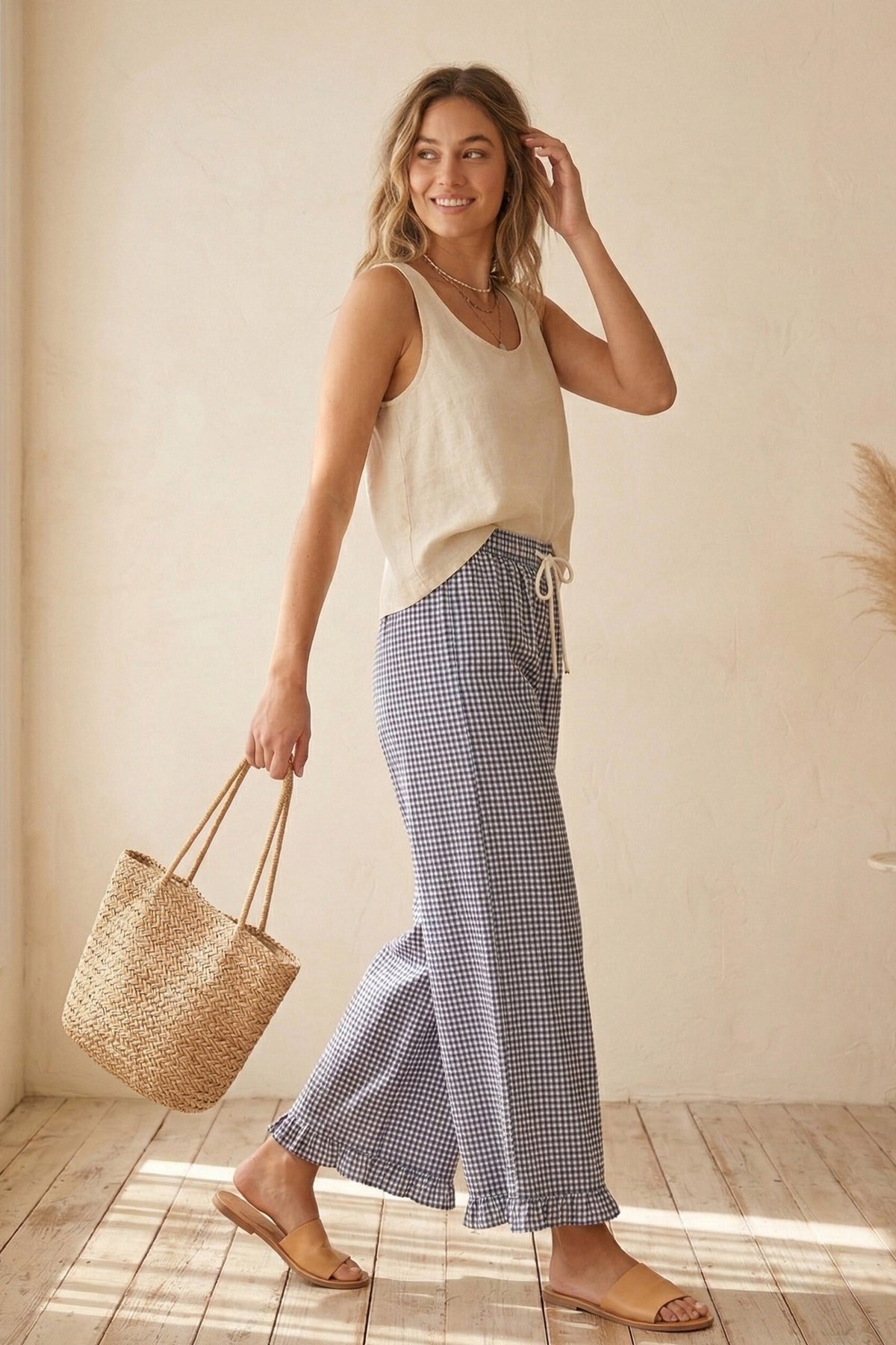 Checkered Gingham Fully Lined Pants in Blue