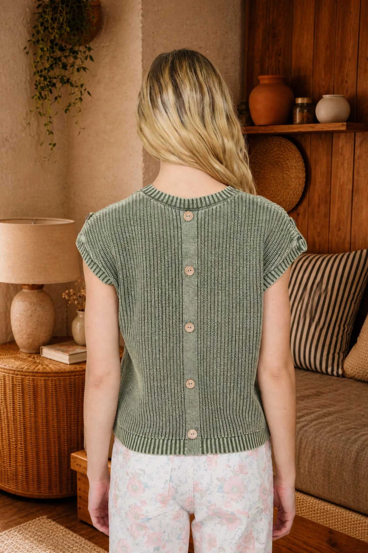 Acid Washed Tab Sleeve Back Button Top- 2 Colors!