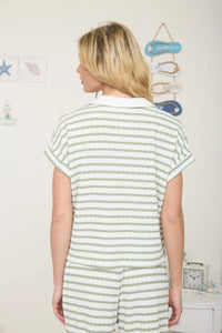 Textured Stripe Collared SS Knit Top in Olive