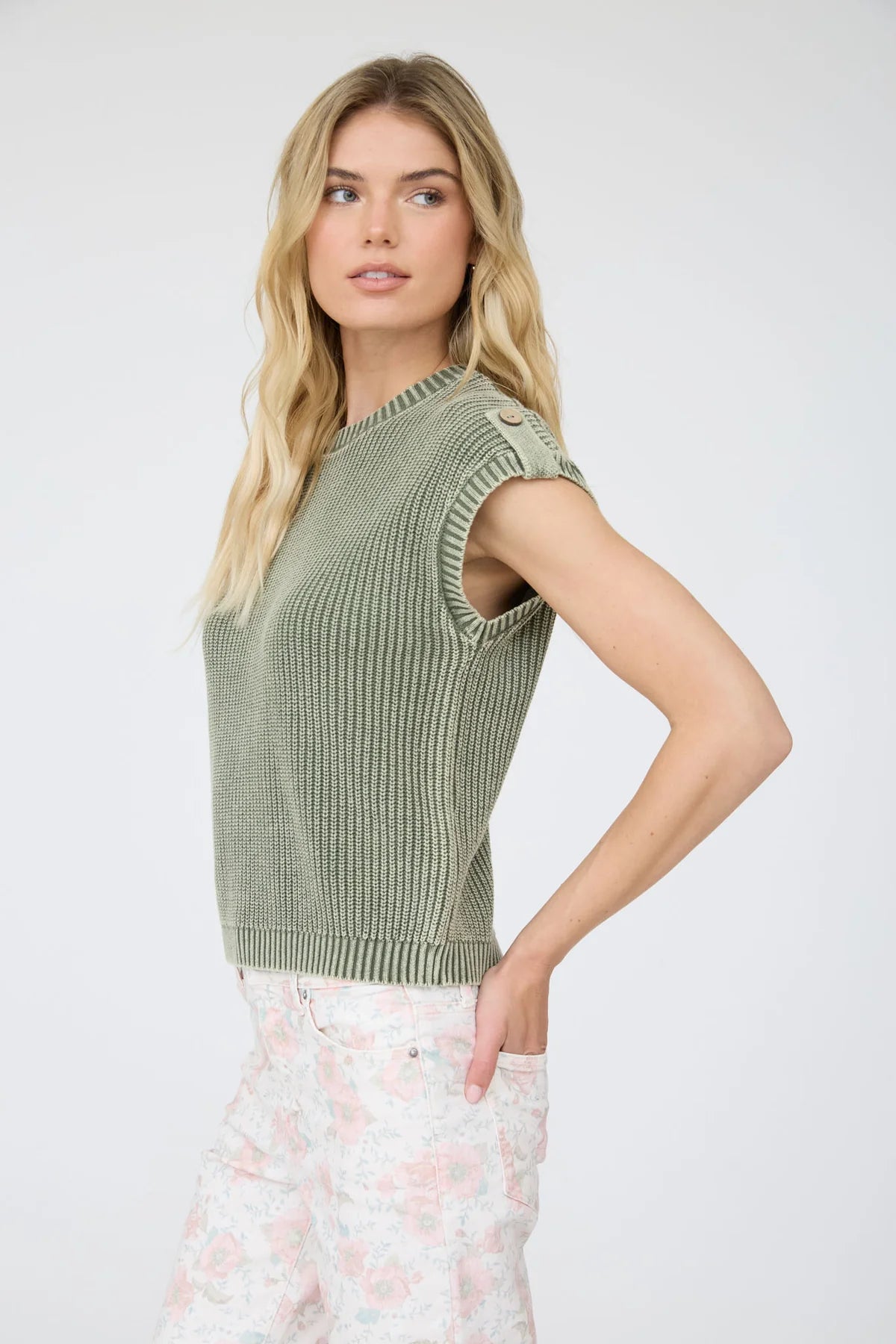 Acid Washed Tab Sleeve Back Button Top- 2 Colors!