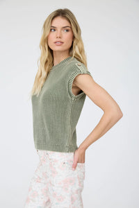 Acid Washed Tab Sleeve Back Button Top- 2 Colors!