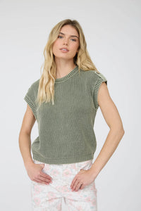 Acid Washed Tab Sleeve Back Button Top- 2 Colors!