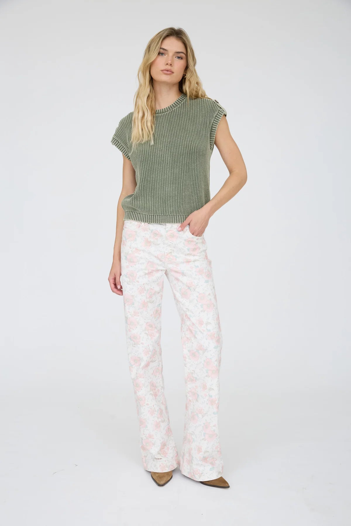 Acid Washed Tab Sleeve Back Button Top- 2 Colors!