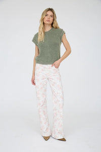 Acid Washed Tab Sleeve Back Button Top- 2 Colors!