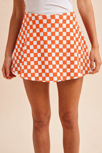 Checkerboard Denim Skort in Orange/White