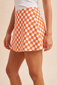 Checkerboard Denim Skort in Orange/White