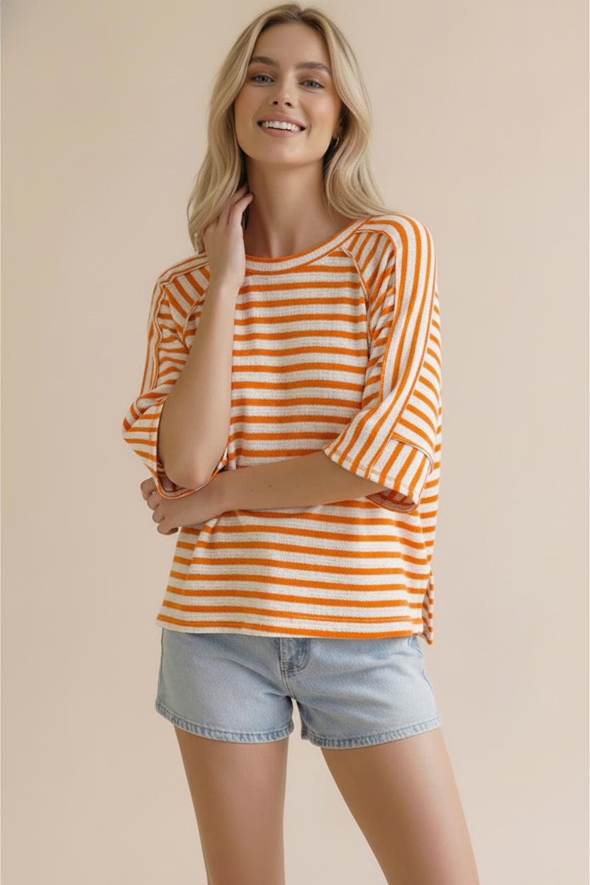 Round Neck Stripe Orange Top