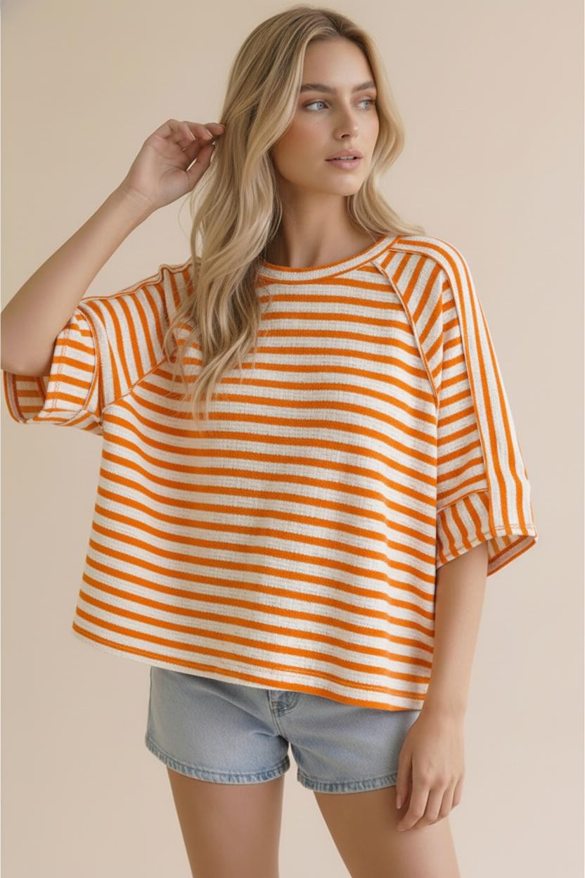 Round Neck Stripe Orange Top