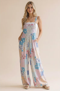 Wide Leg Bib Overalls in Pink/Aqua