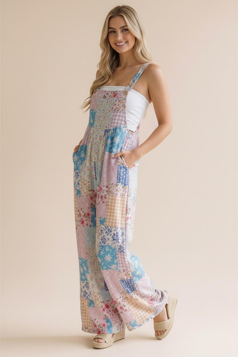 Wide Leg Bib Overalls in Pink/Aqua