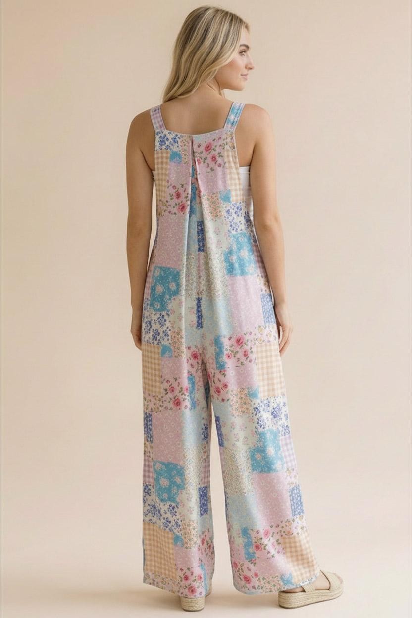 Wide Leg Bib Overalls in Pink/Aqua