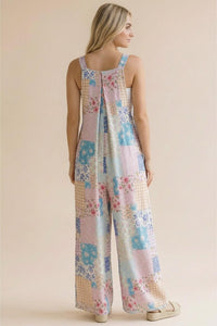 Wide Leg Bib Overalls in Pink/Aqua