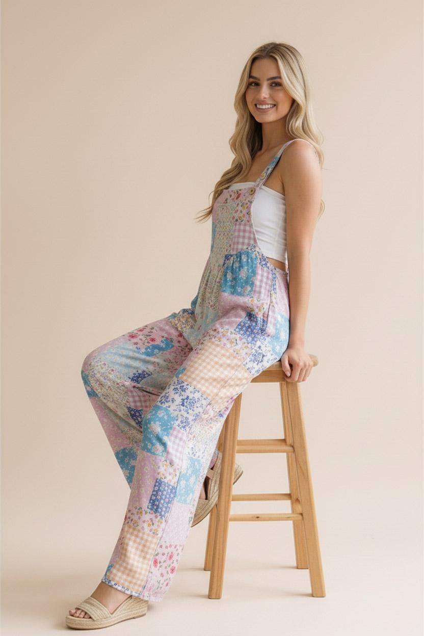 Wide Leg Bib Overalls in Pink/Aqua
