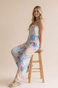 Wide Leg Bib Overalls in Pink/Aqua